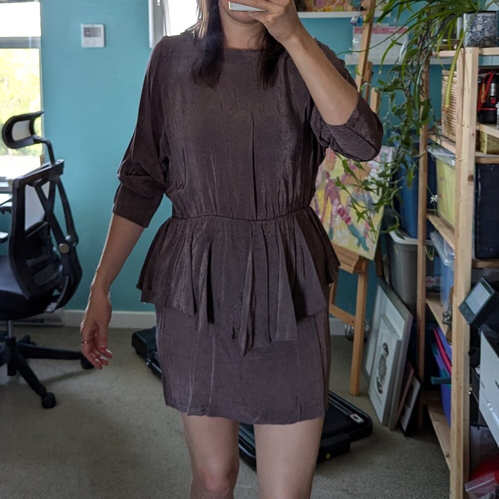 Vintage metallic-like purple mini dress with flattering hip skirt, size M